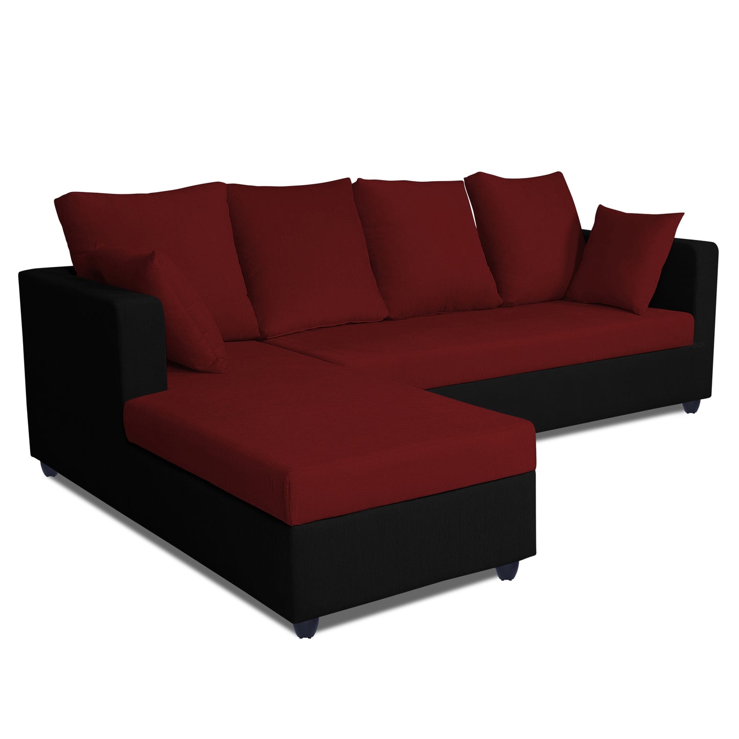Adorn India Zink Straight line L Shape 6 Seater Sofa Plain Cushion (Left Side Handle)(Maroon & Black)