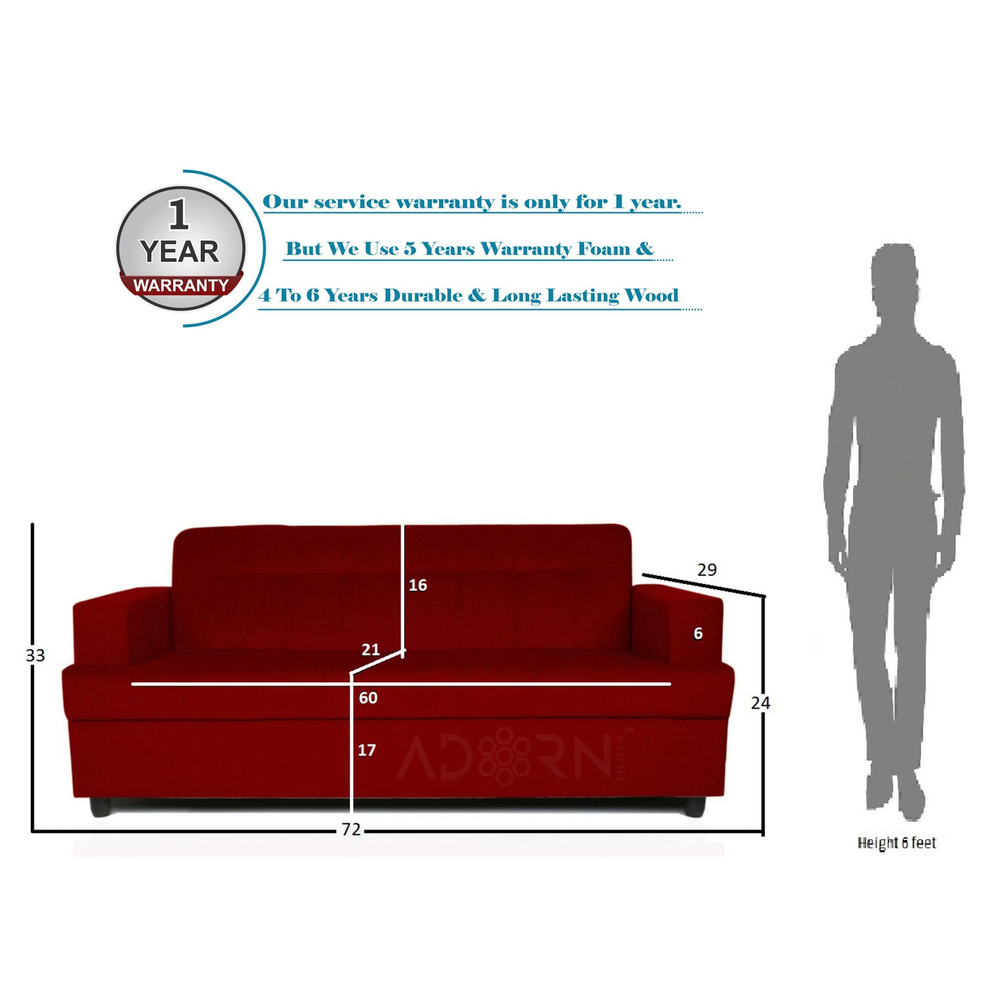 Adorn India Aleena 3 Seater Sofa(Maroon)