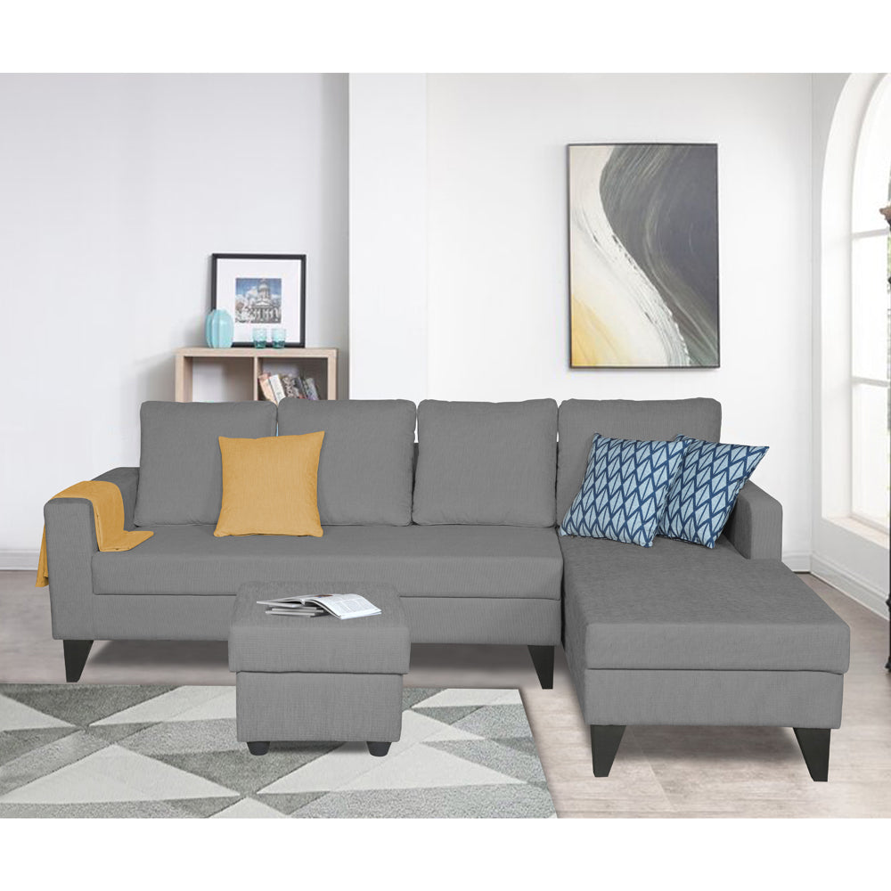 Adorn India Hallton L Shape Decent Sofa Set 7 Seater with Ottoman (Right Side) (Grey) (3 Year Warranty)