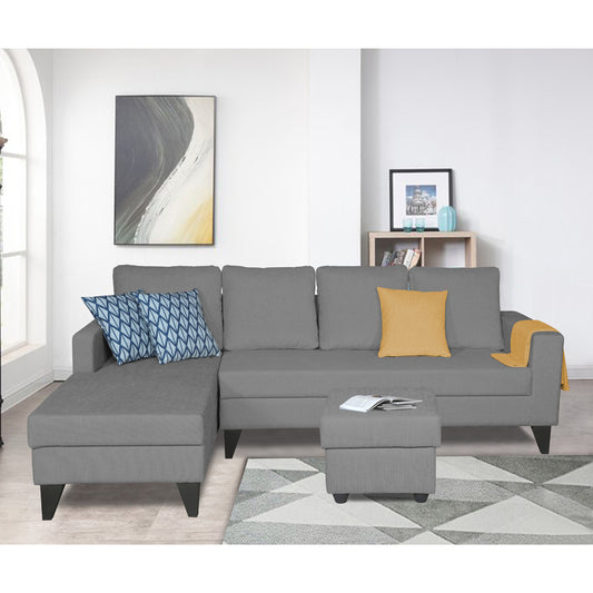 Adorn India Hallton L Shape Decent Sofa Set 6 Seater with Ottoman (Left Side) (Grey)