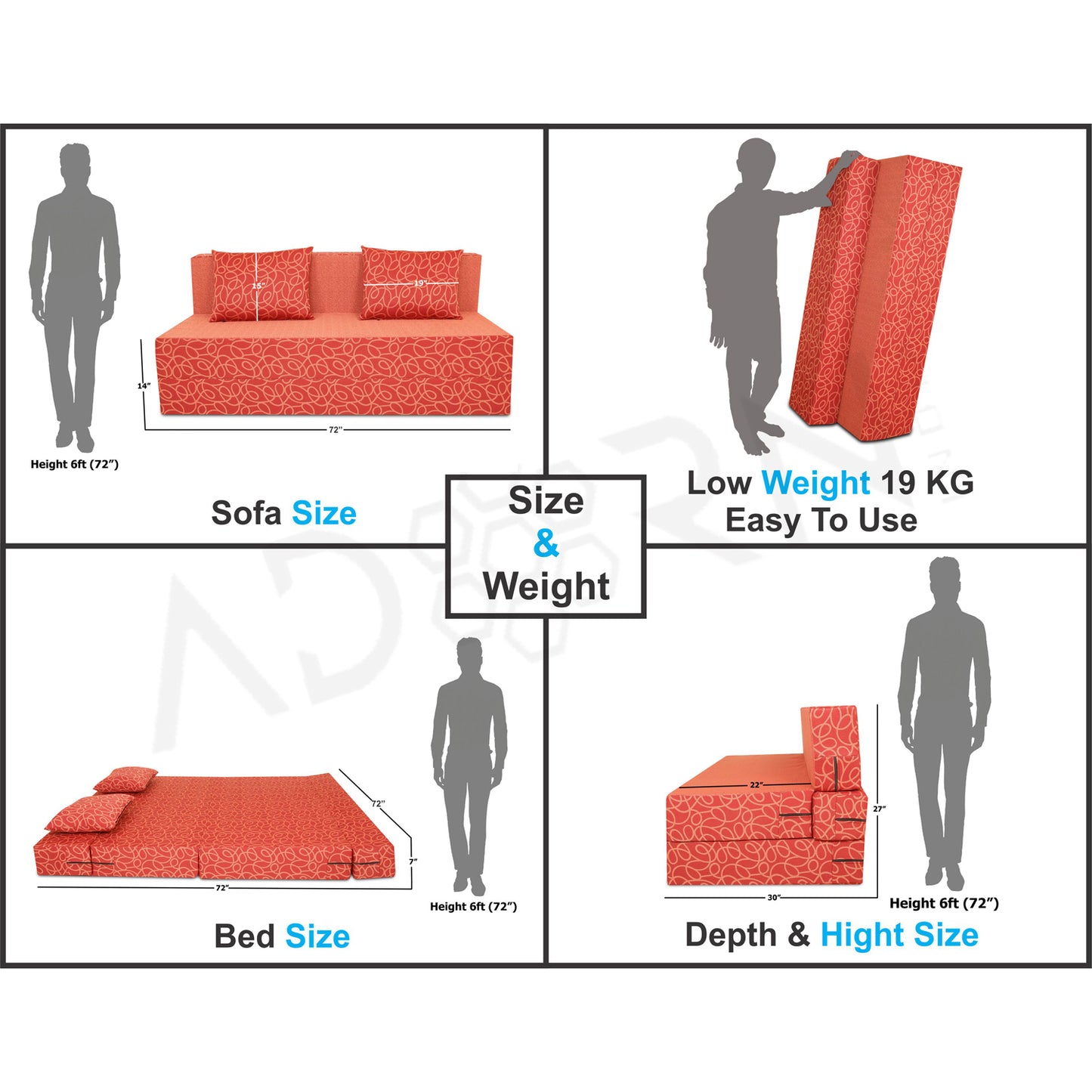 Adorn India Easy Three Seater Sofa Cum Bed Poly Cotton 6'X6' (Rust)