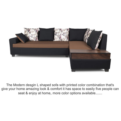 Adorn India Orlando Fabric  L Shape 6 seater Sofa  set (Black & Brown)