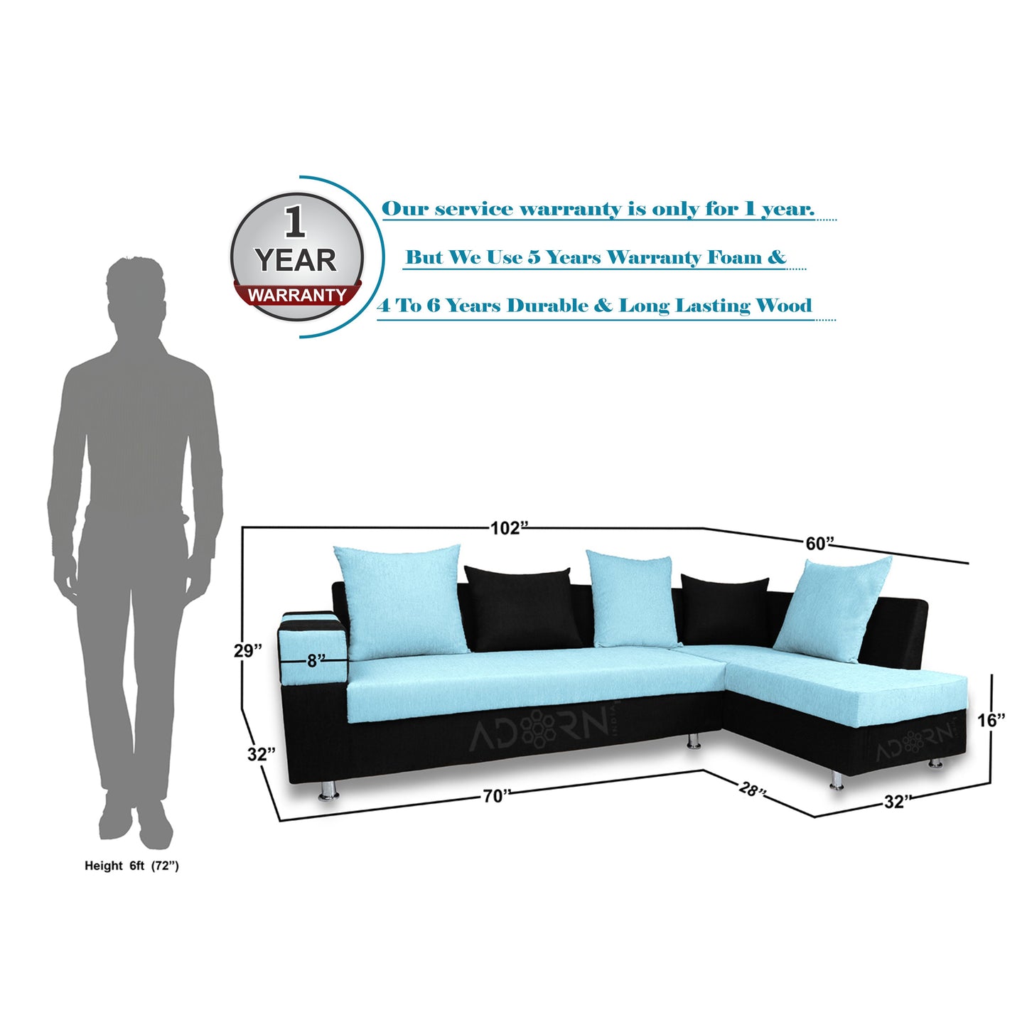 Adorn India Adillac 6 Seater Corner Sofa(Right Side)(Sky Blue & Black)