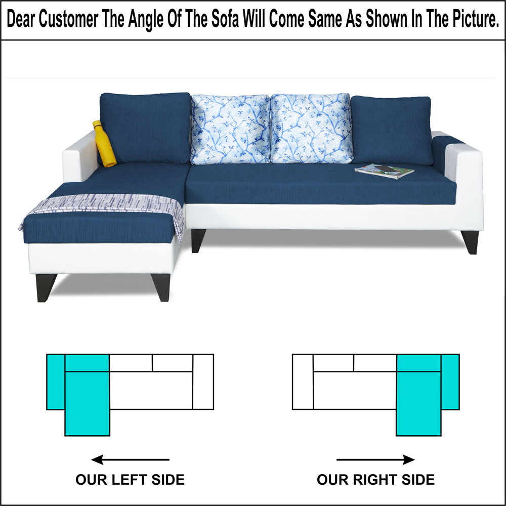 Adorn India Ashley L Shape Digitel Print Leatherette Fabric Sofa Set 8 Seater with 2 Ottoman Puffy & Center Table (Left Side) (Blue)