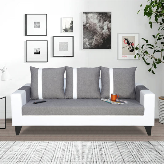 Adorn India Ashley Stripes Leatherette 3 Seater Sofa Set (Grey & White)