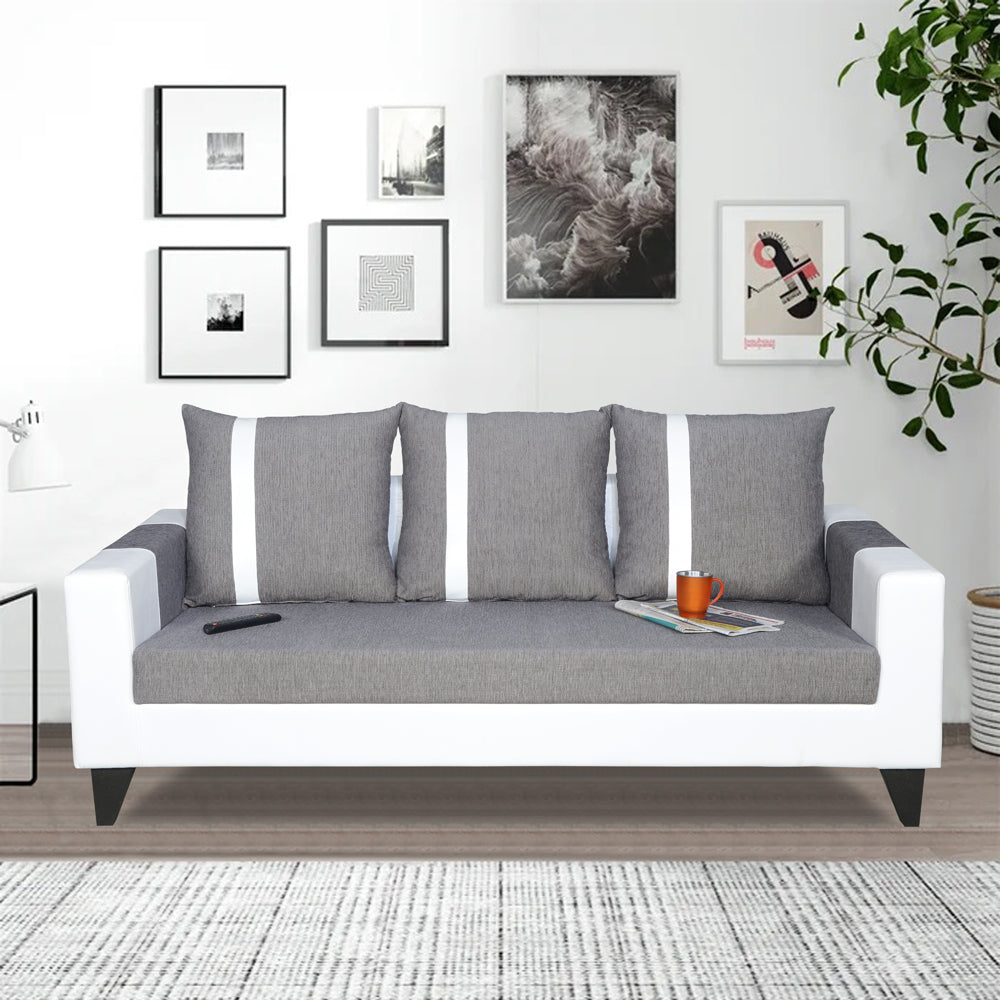 Adorn India Ashley Stripes Leatherette Fabric 3 Seater Sofa (Grey & White) (3 Year Warranty)