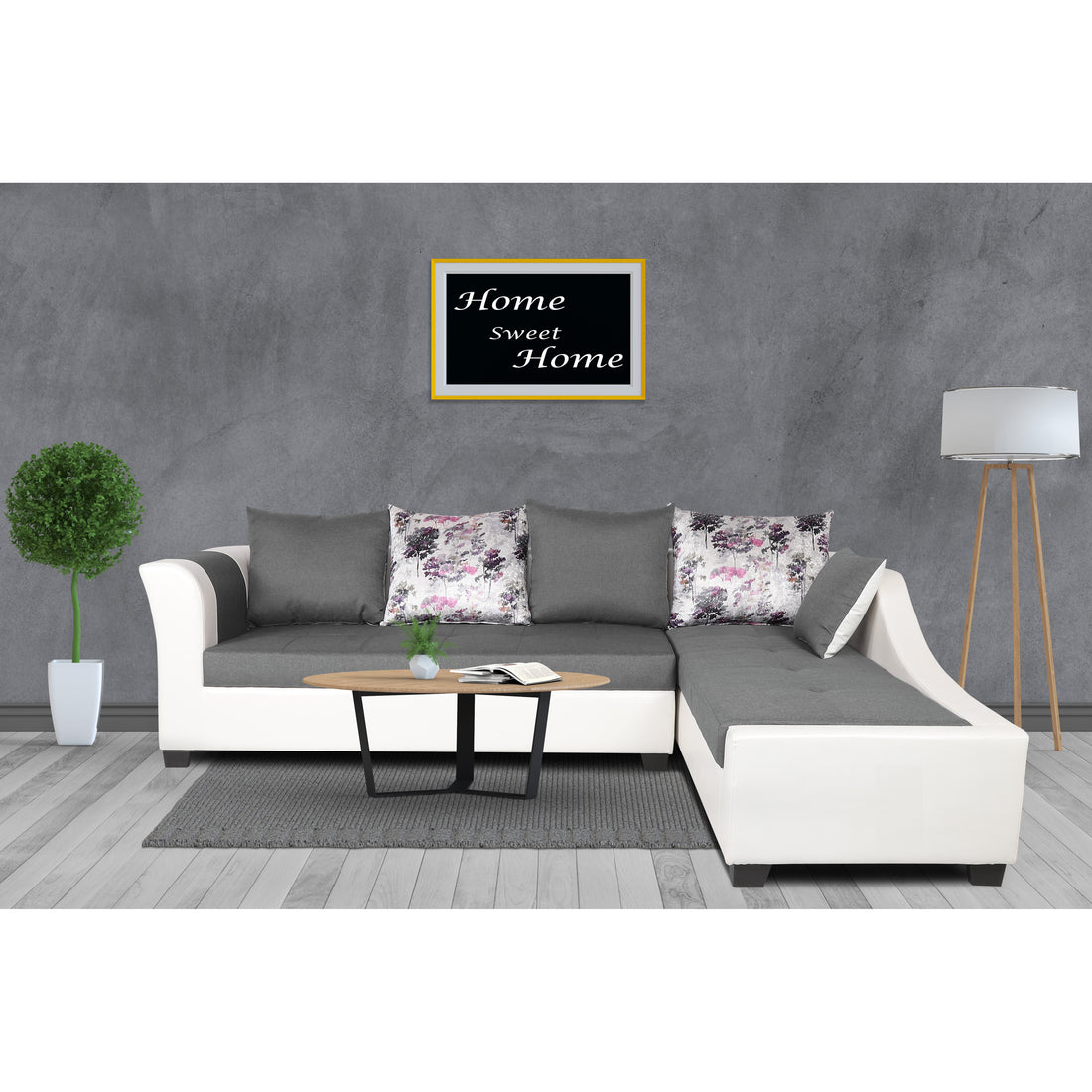 Adorn India Aliana L Shape Leatherette Fabric Sectional 6 Seater Sofa Set RHS (Light Grey and White) (3 Year Warranty)
