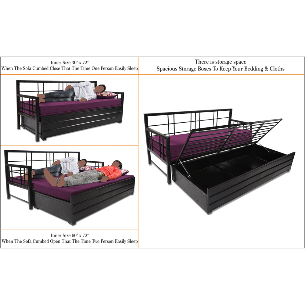 Adorn India Polar Black Metal Three Seater Sofa Cum Bed with Storage (6 x 5) (Purple)