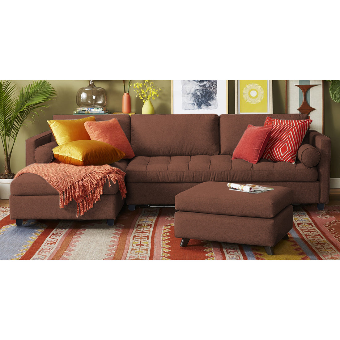 Adorn India Alexander L Shape 7 Seater Sofa Set with Ottoman Puffy LHS (Brown) (3 Year Warranty)