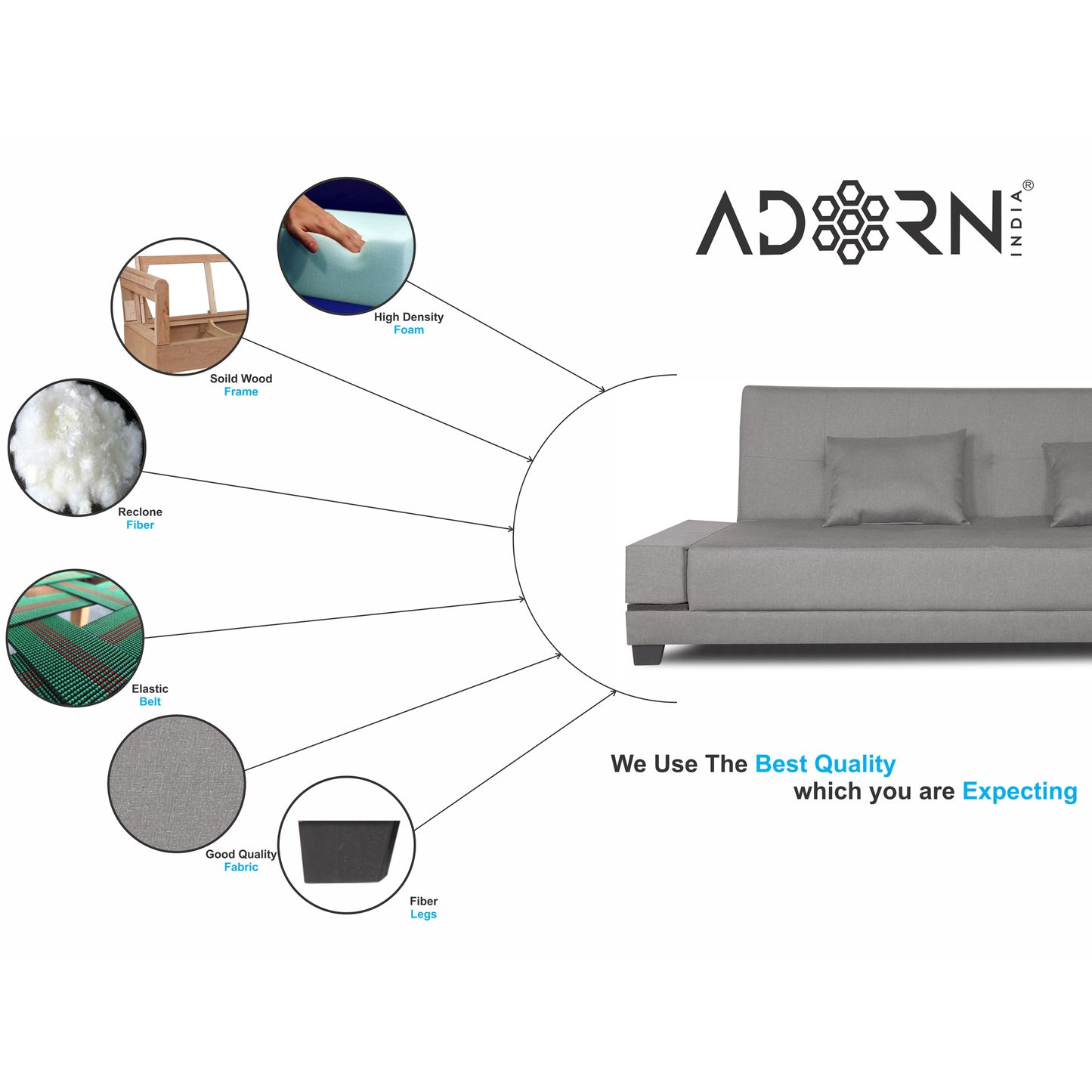 Adorn India Blake 3 Seater Sofa Cum Bed (Light Grey)