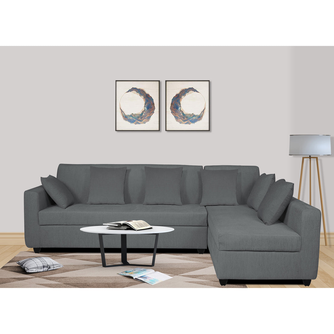 Adorn India Rio Decent L Shape Right Side Handle 6 Seater Corner Sofa Set (Grey) (3 Year Warranty)