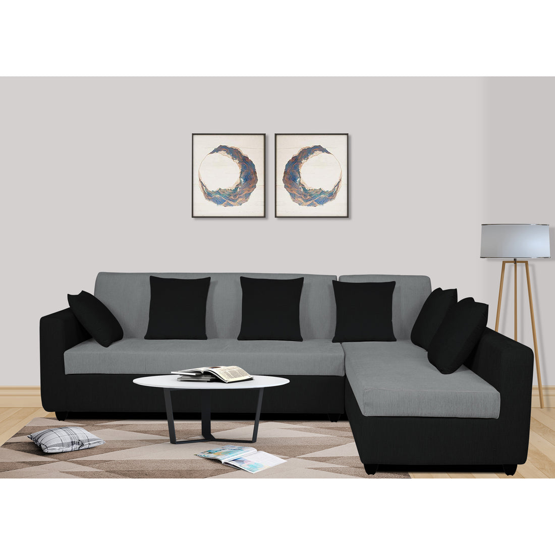 Adorn India Rio Decent L Shape 6 Seater coner Sofa Set (Right Side Handle) (Grey & Black) (3 Year Warranty)