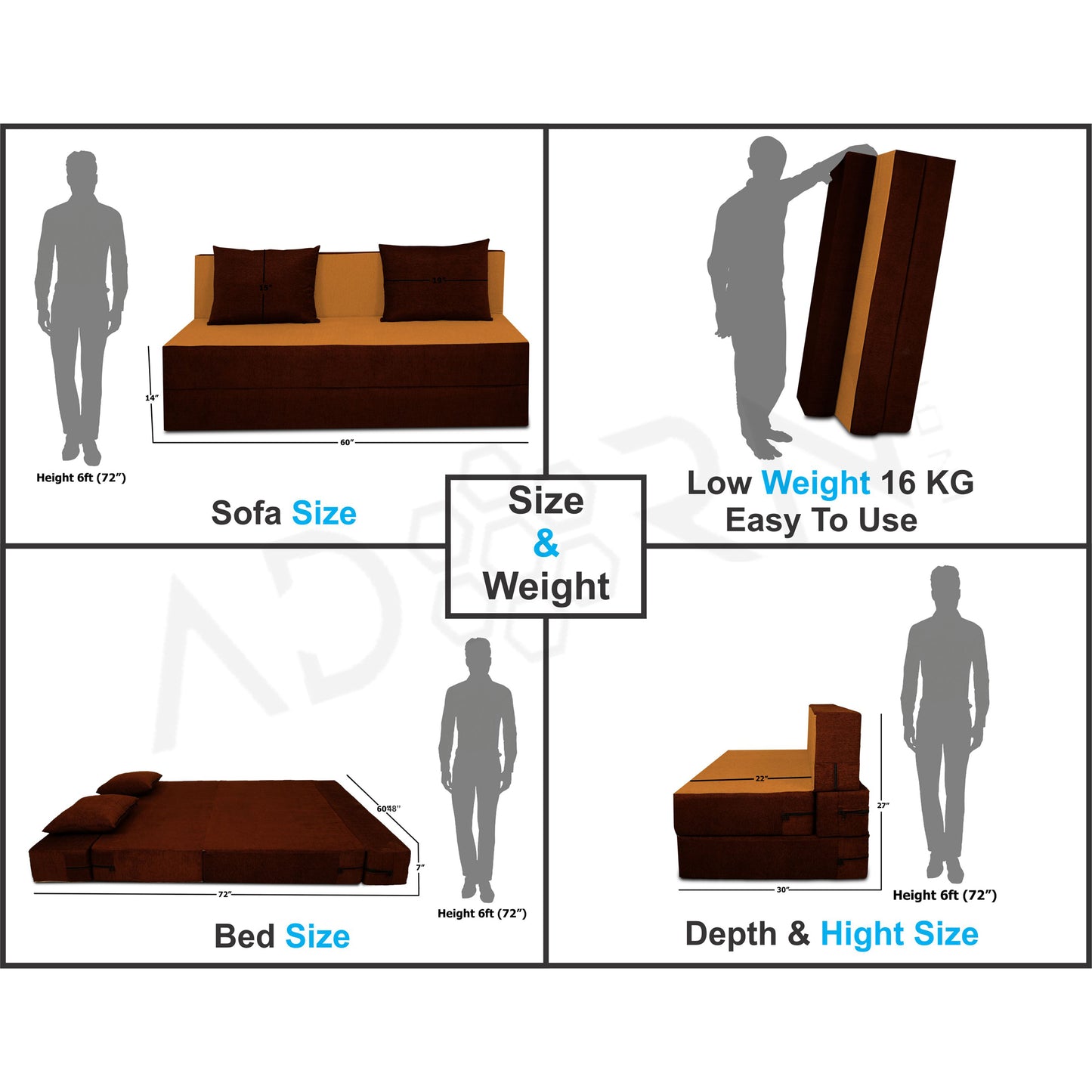 Adorn India Easy Three Seater Sofa Cum Bed(Camel & Brown) 5'x6'