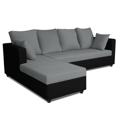 Adorn India Zink Straight line L Shape 6 Seater Sofa Plain Cushion (Left Side Handle)(Grey & Black)