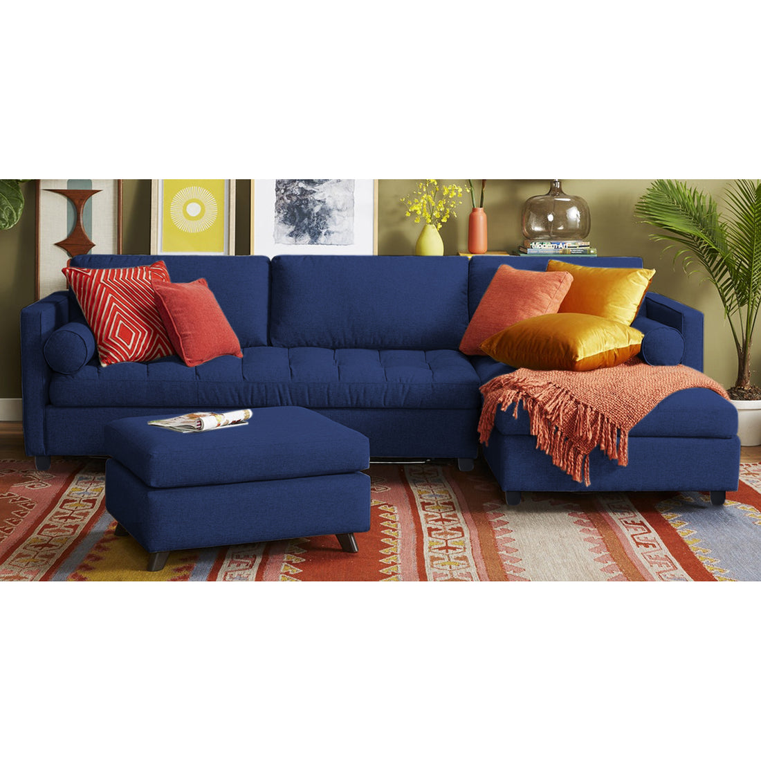 Adorn India Alexander L Shape 7 Seater Sofa Set with Ottoman Puffy RHS (Dark Blue) (3 Year Warranty)