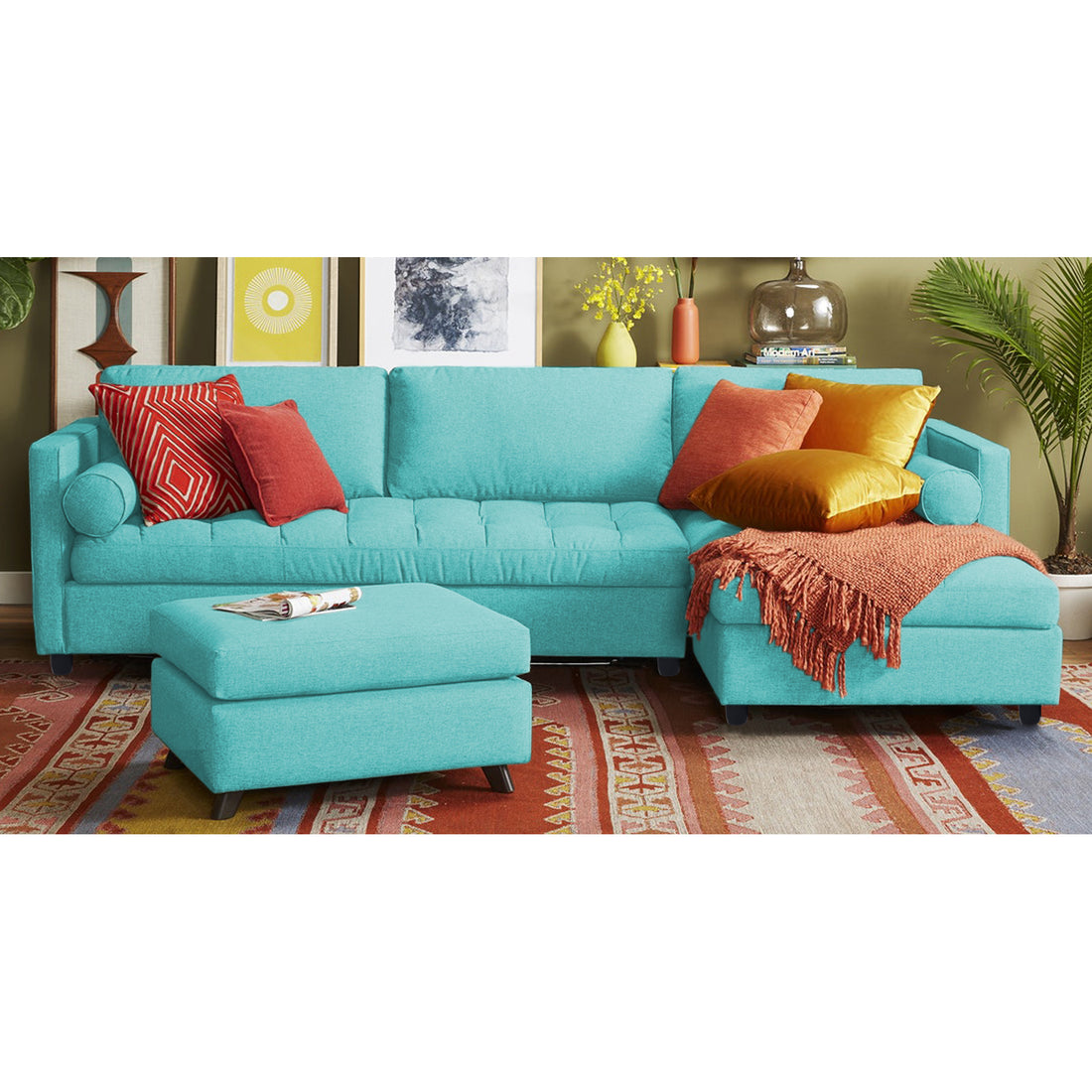 Adorn India Alexander L Shape 7 Seater Sofa Set with Ottoman Puffy RHS (Aqua Blue) (3 Year Warranty)