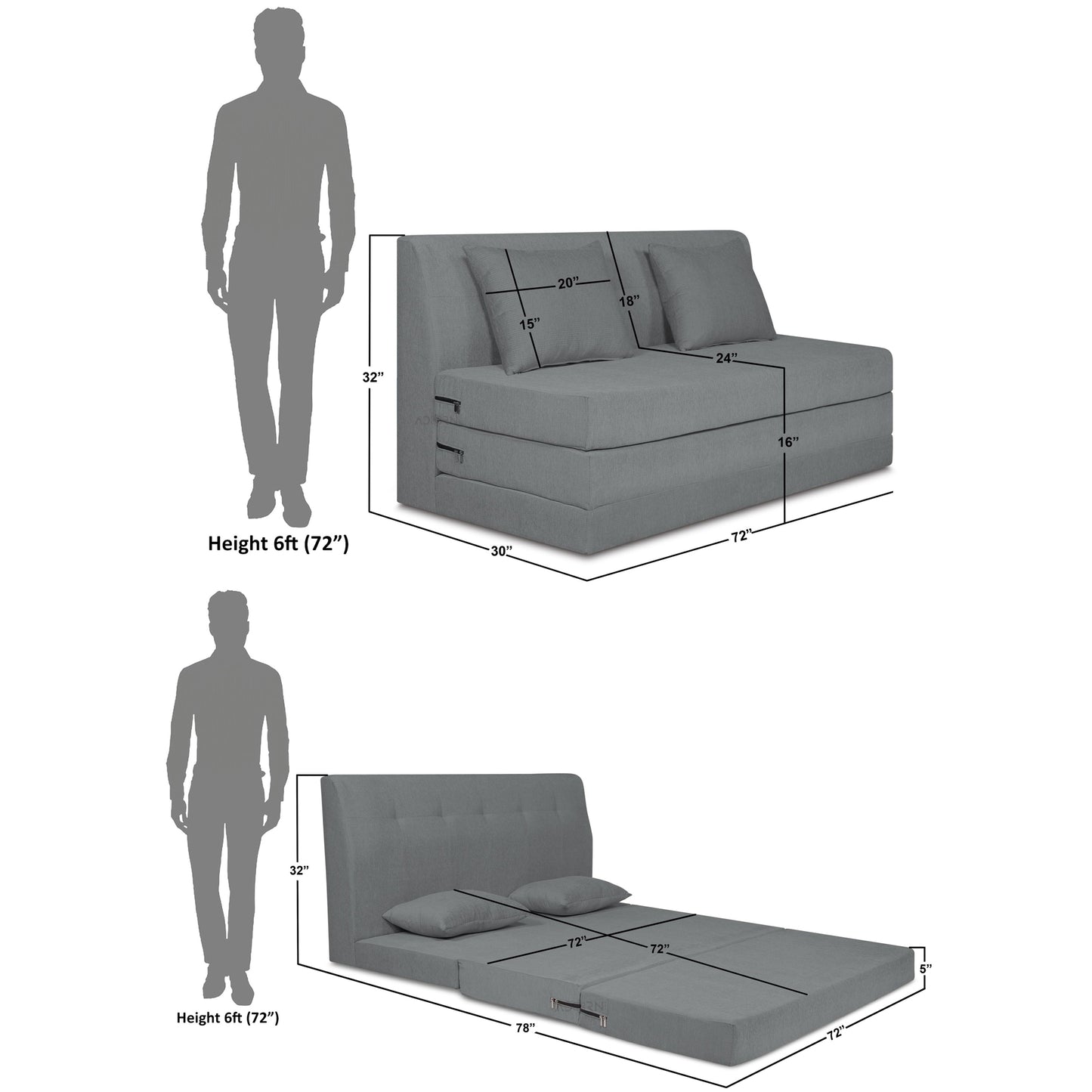 Adorn India Easy Highback Three Seater Sofa Cum Bed Decent 6' x 6' (Grey)