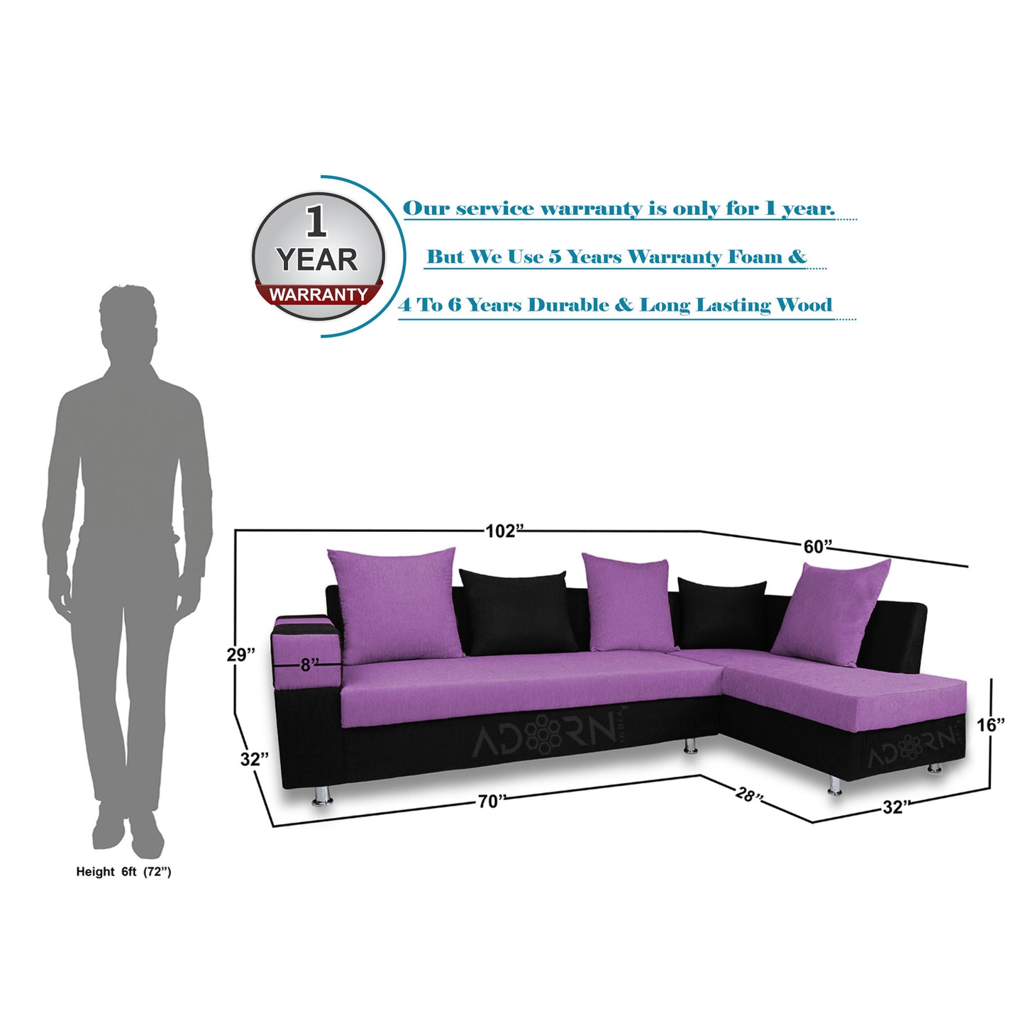 Adorn India Adillac 6 Seater Corner Sofa(Right Side)(Light Purple & Black)