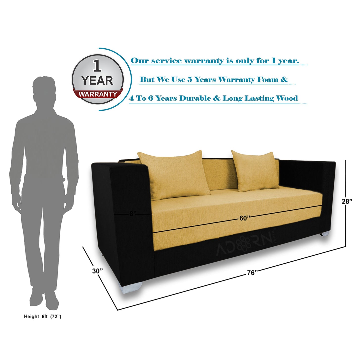 Adorn India Almond 3 Seater Sofa cumbed (Yellow & Black)