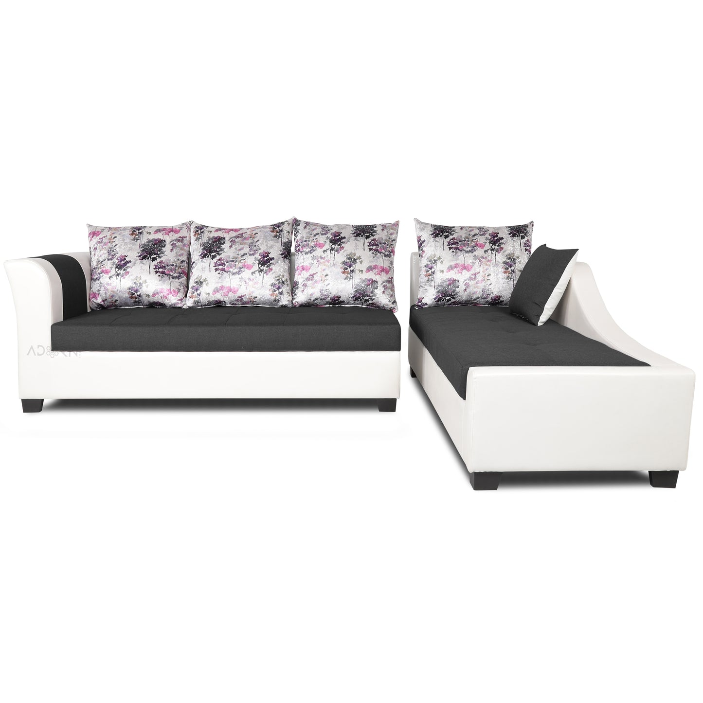 Adorn India Aliana L Shape Leatherette Fabric 6 Seater Sofa (Dark Grey & White)