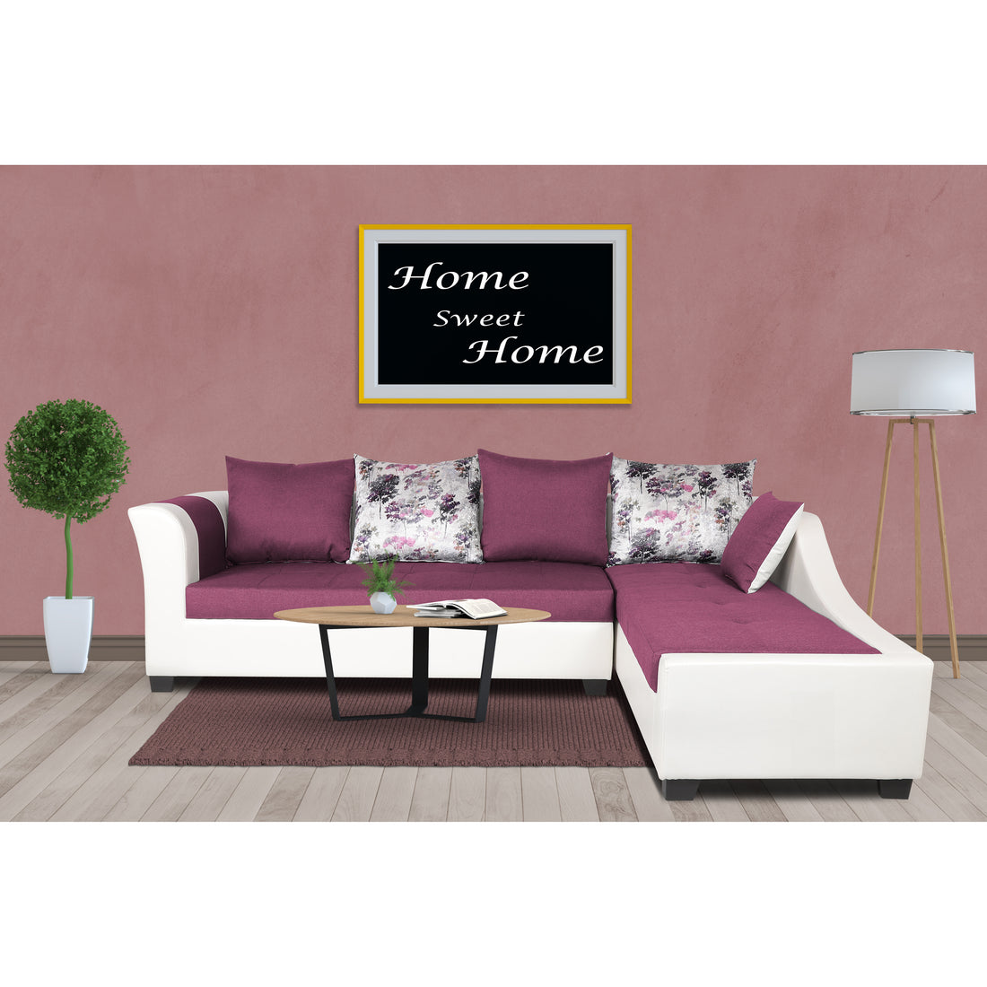 Adorn India Aliana L Shape Leatherette Fabric 6 Seater Sofa Set RHS (Light Purple & White) (3 Year Warranty)
