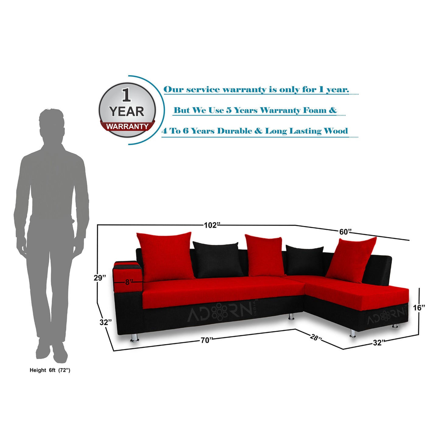 Adorn India Adillac 6 Seater Corner Sofa(Right Side)(Red & Black)