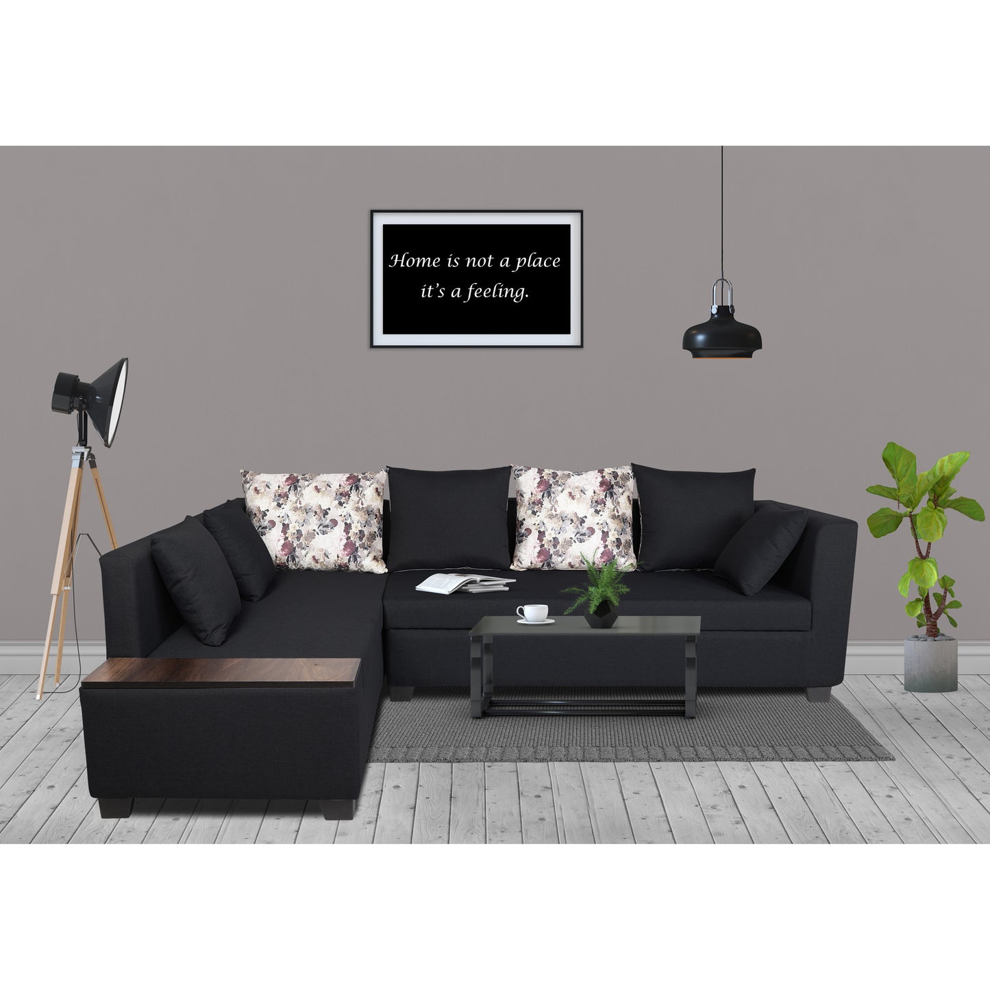 Adorn India Mclain L Shape 6 Seater Sofa (Left Side Handle)(Black)