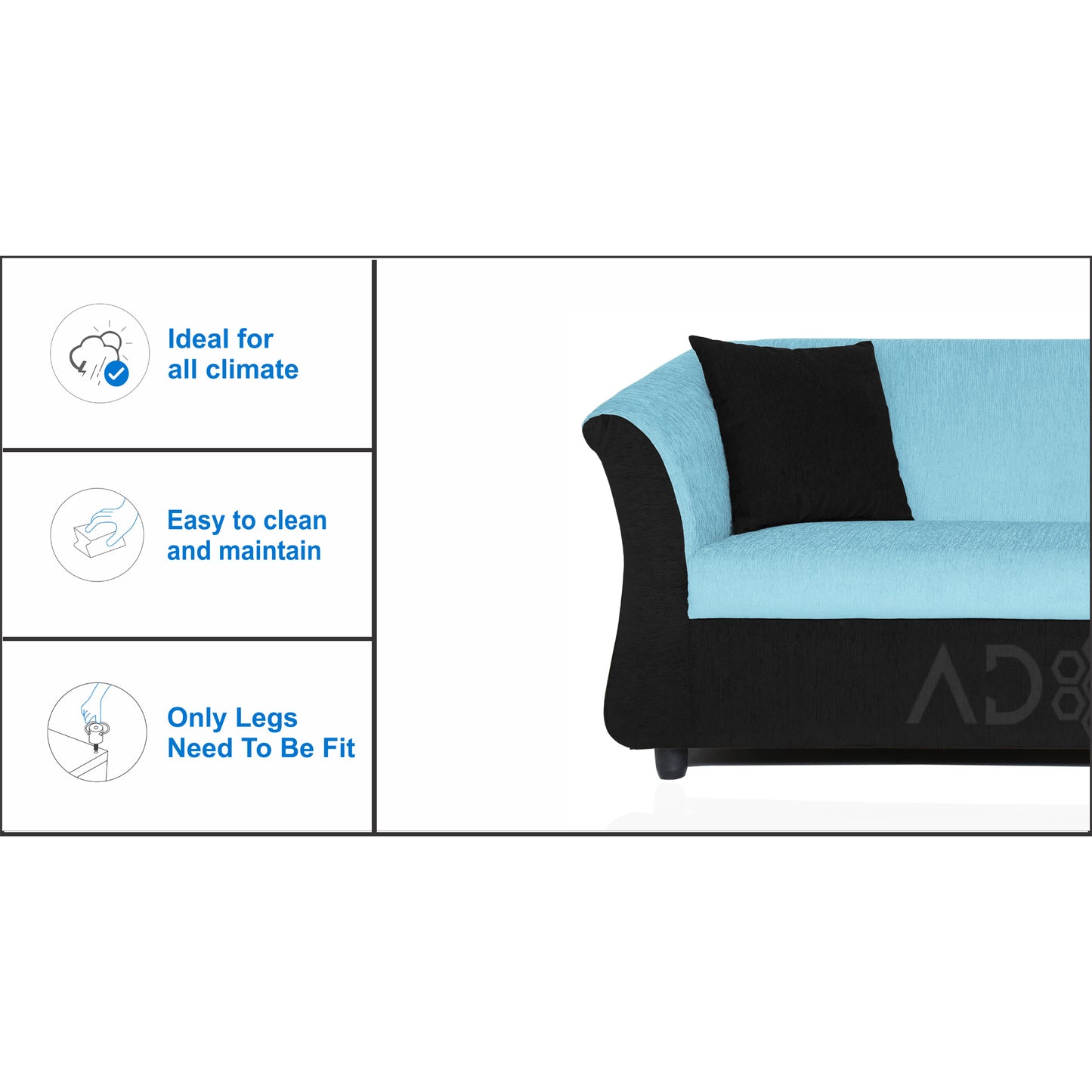 Adorn India Acura 3 Seater Sofa(Light Blue & Black)