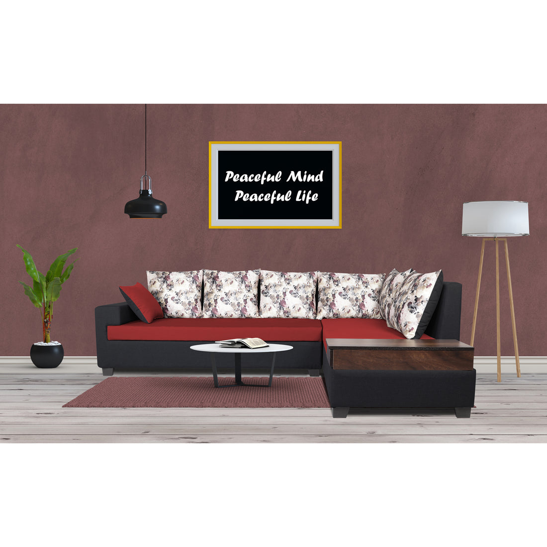 Adorn India Orlando Fabric L Shape Sofa (Black) ack and Maroon