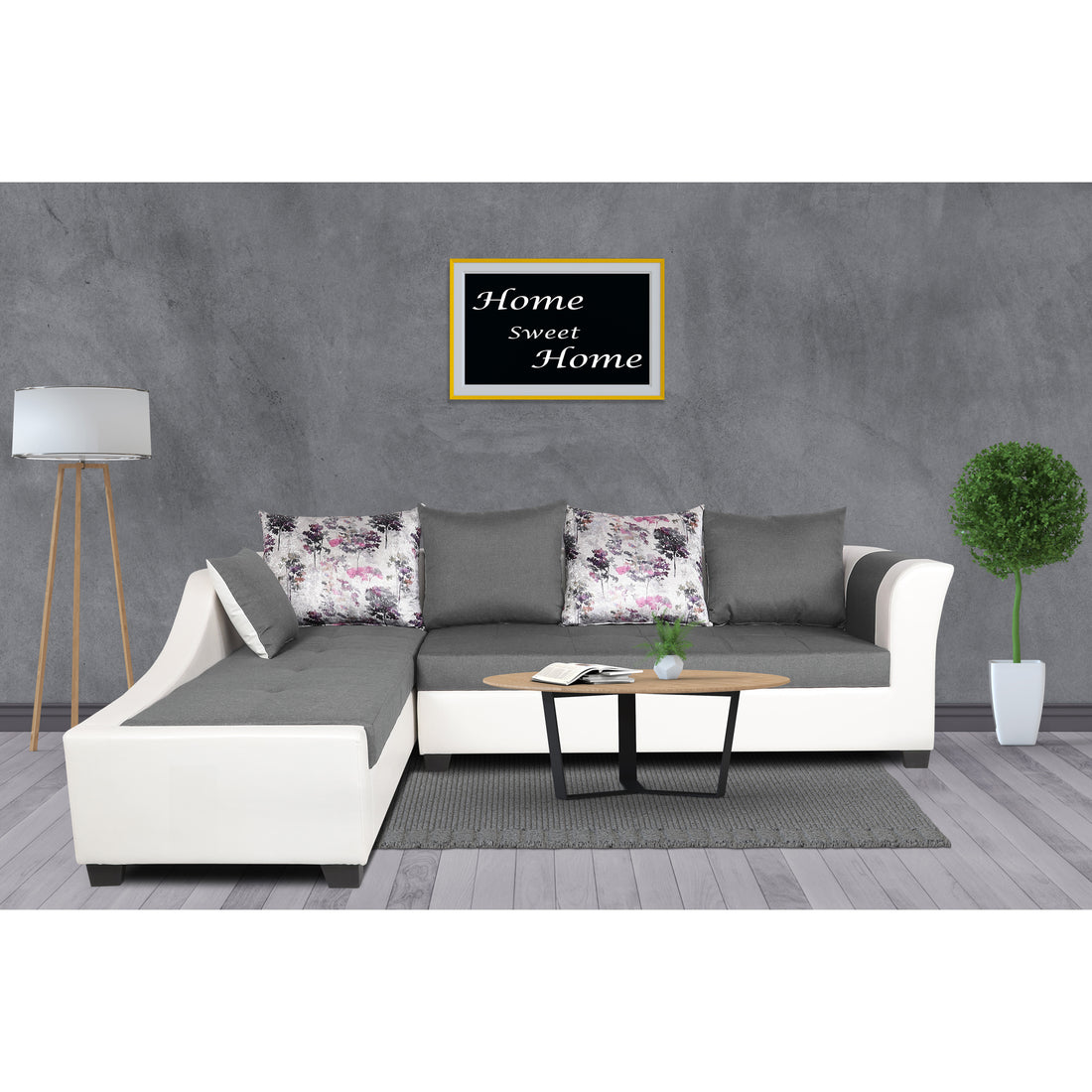 Adorn India Aliana L Shape Leatherette Fabric 6 Seater Sofa Set LHS (Light Grey & White) (3 Year Warranty)