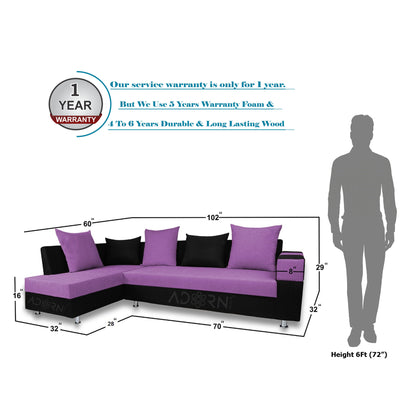 Adorn India Adillac 6 Seater Corner Sofa(Left Side Handle)(Light Purple & Black)