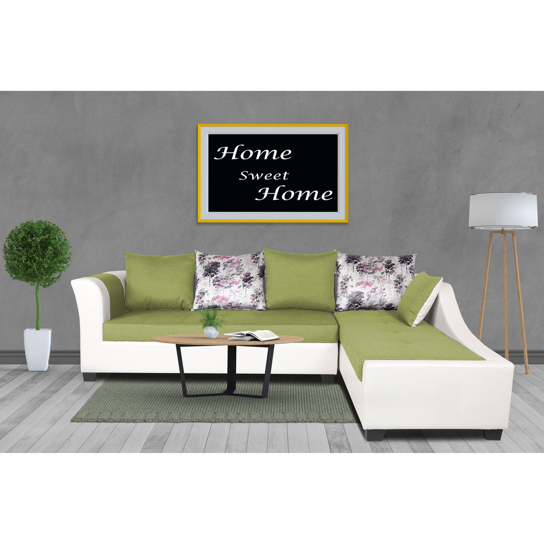 Adorn India Aliana L Shape Leatherette Fabric 6 Seater Sofa Set RHS (Green & White) (3 Year Warranty)