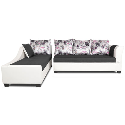 Adorn India Aliana L Shape Leatherette Fabric 6 Seater Sofa (Left Side Handle)(Dark Grey & White)