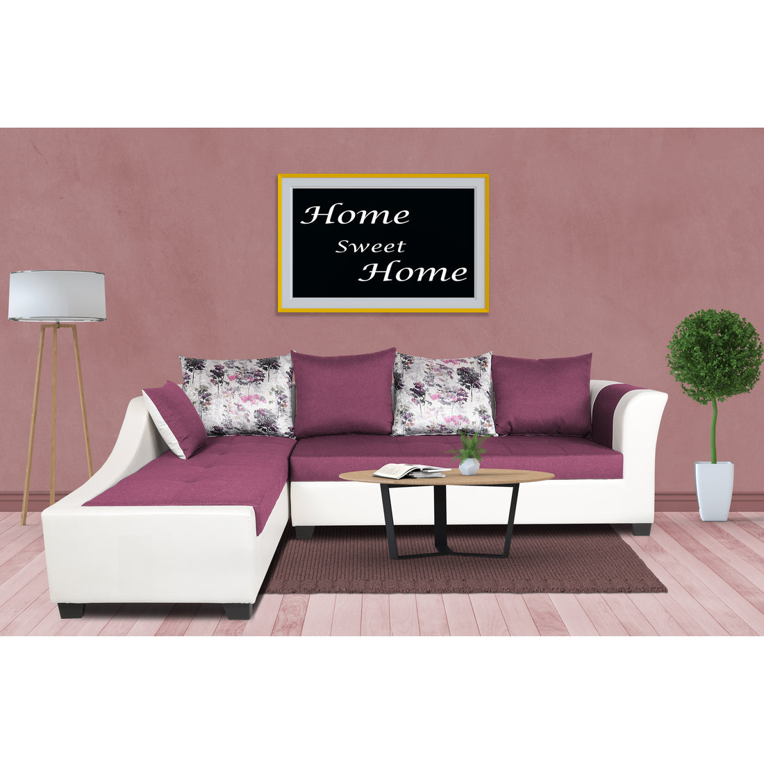 Adorn India Aliana L Shape Leatherette Fabric 6 Seater Sofa Set LHS (Light Purple & White)