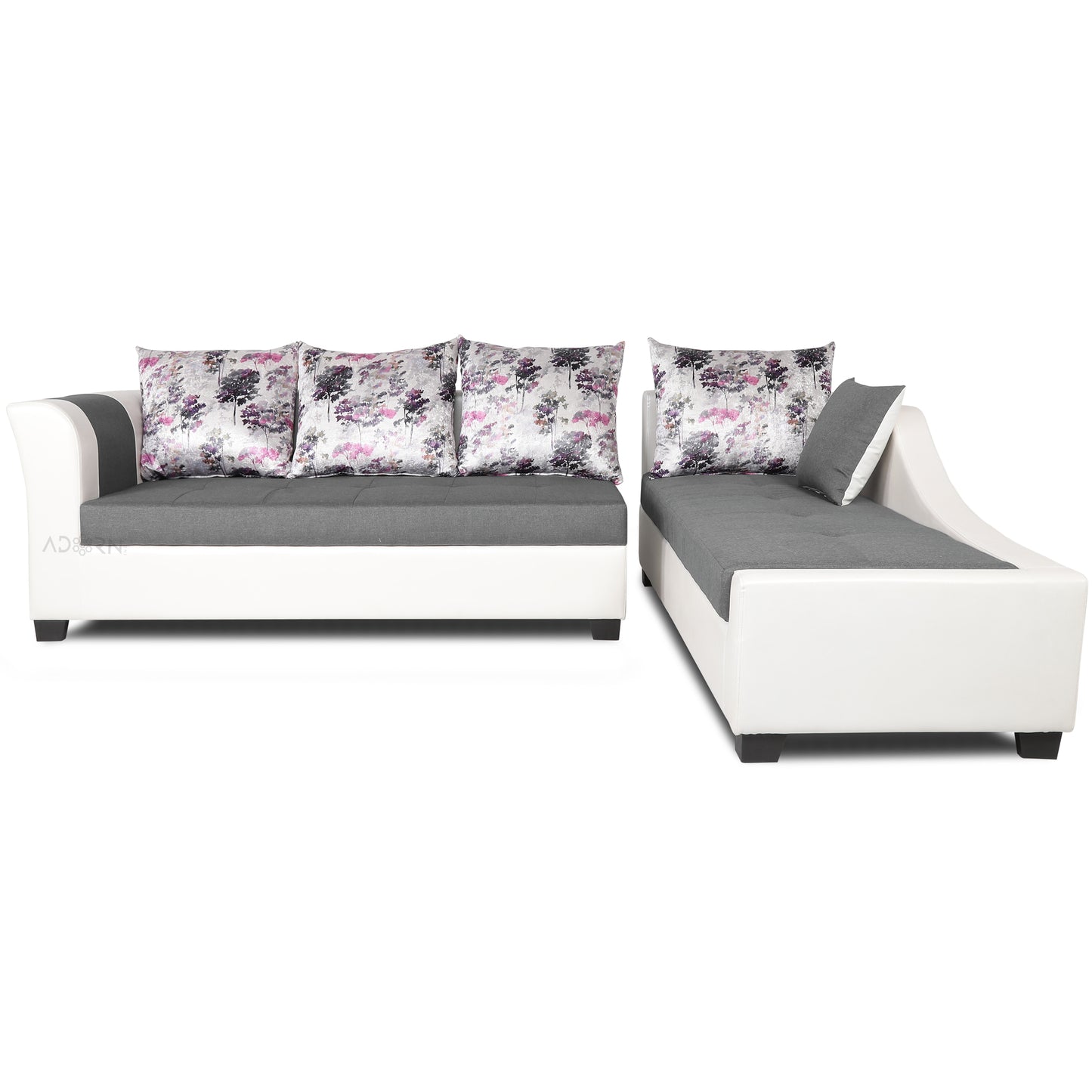 Adorn India Aliana L Shape Leatherette Fabric 6 Seater Sofa (Light Grey & White)