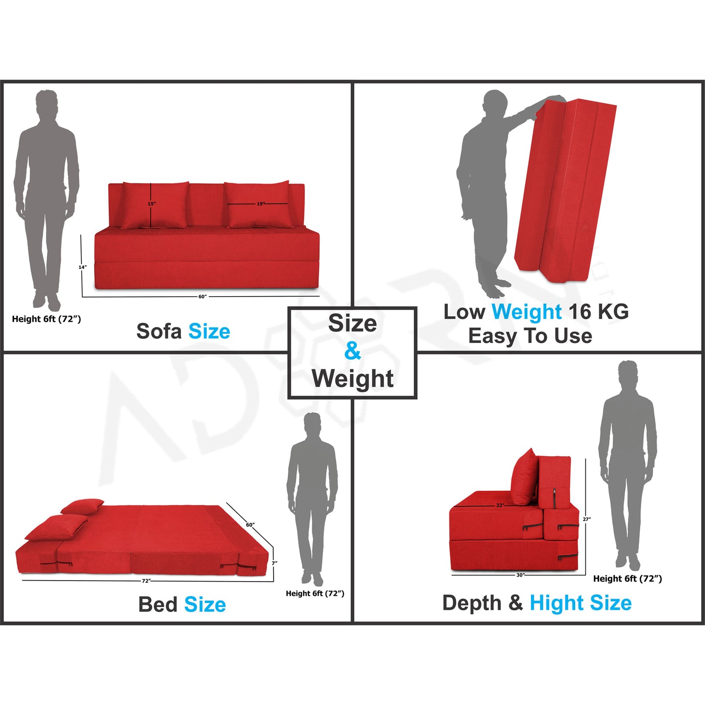 Adorn India Easy Three Seater Sofa Cum Bed Alyn 5'x 6' (Red)