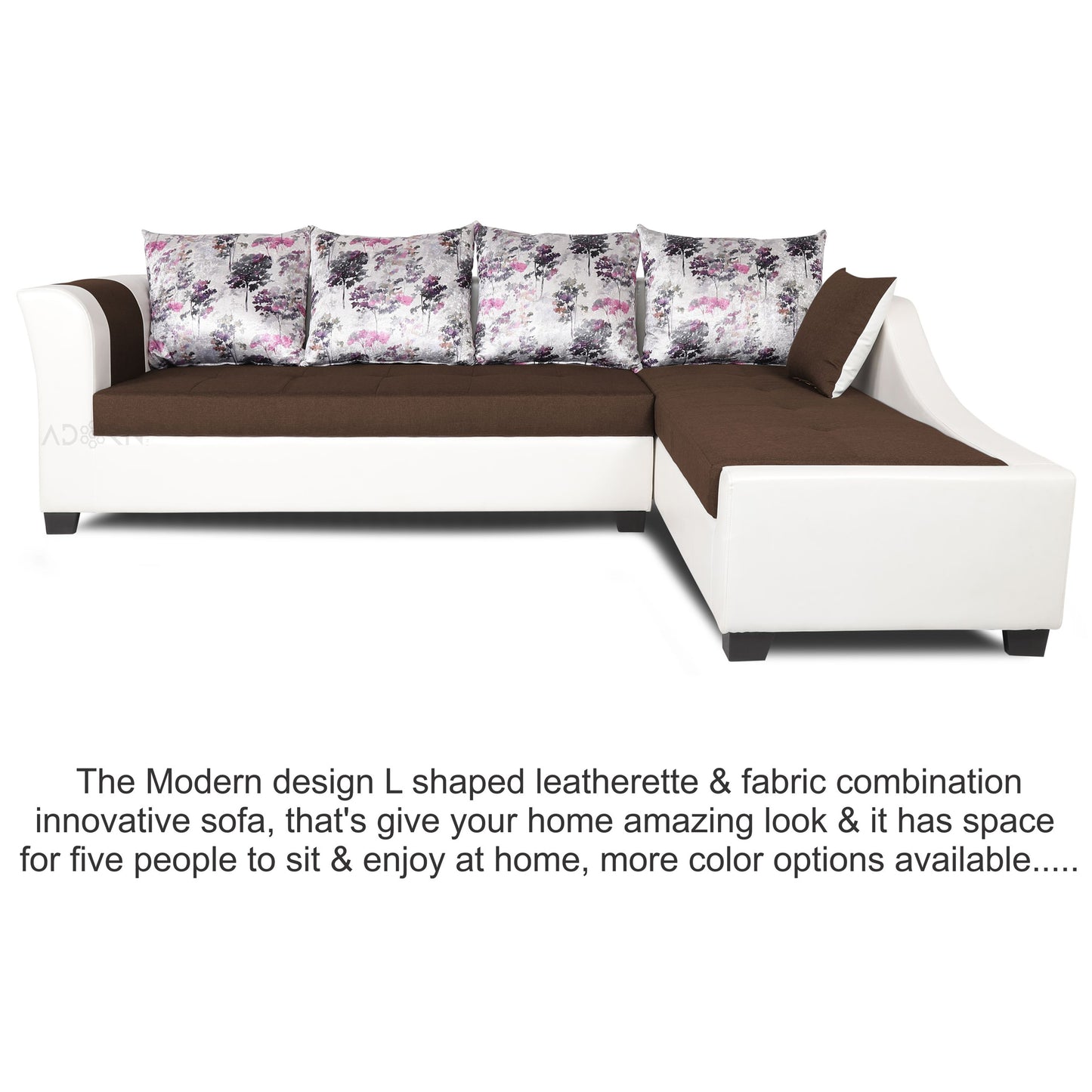 Adorn India Aliana L Shape Leatherette Fabric 6 Seater Sofa (Brown & White)