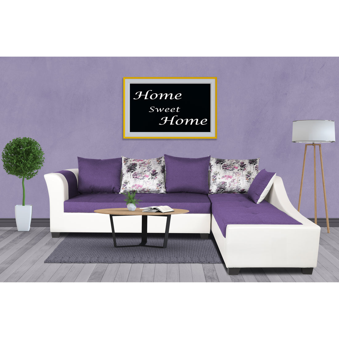Adorn India Aliana L Shape Leatherette Fabric 6 Seater Sofa Set RHS (Dark Purple & White) (3 Year Warranty)
