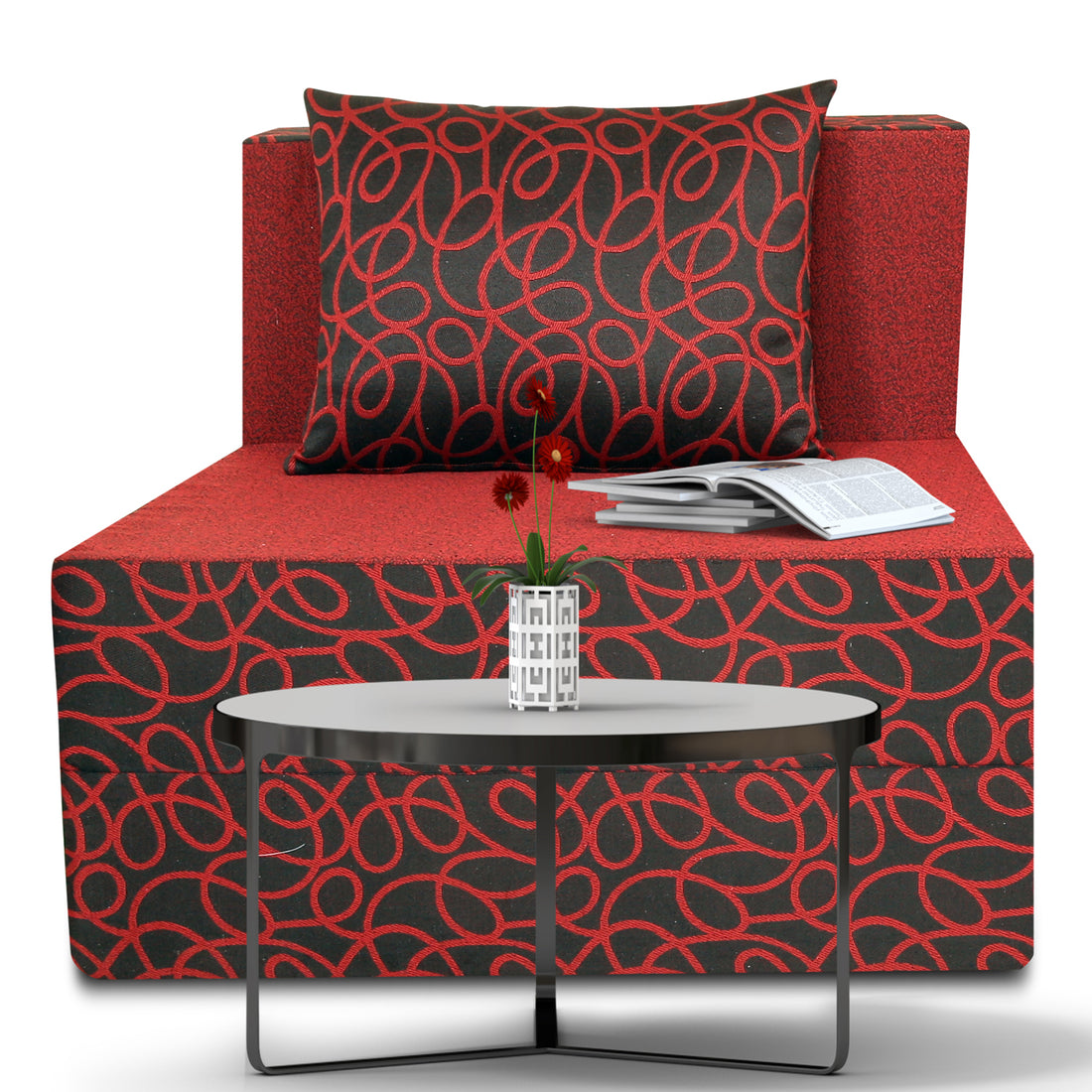 Adorn India Easy 1 Seater Sofa Cum Bed Poly Cotton (Maroon and Black) (3 x 6) (1 Year Warranty)