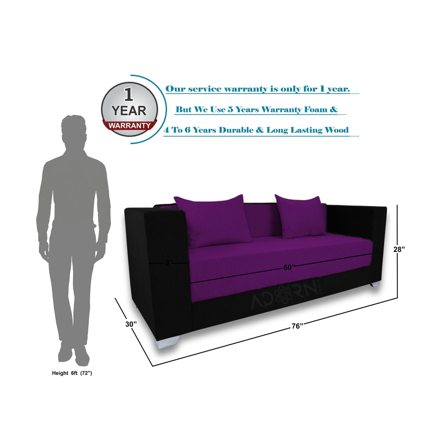Adorn India Almond 3 Seater Sofa cumbed(Dark Purple & Black)