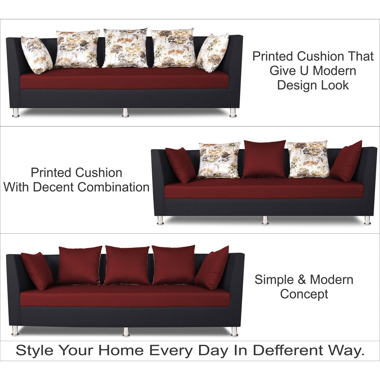 Adorn India Exclusive Two Tone Alica 3-1-1 Five Seater Sofa Set (Maroon & Black)