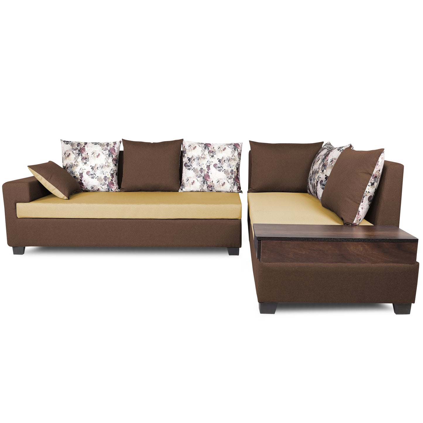 Adorn India Orlando Fabric  L Shape 6 seater Sofa  set (Brown & Beige)