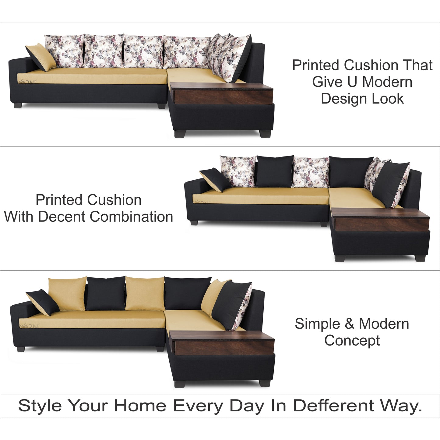 Adorn India Orlando Fabric L Shape 6 seater Sofa  set (Black & Beige)