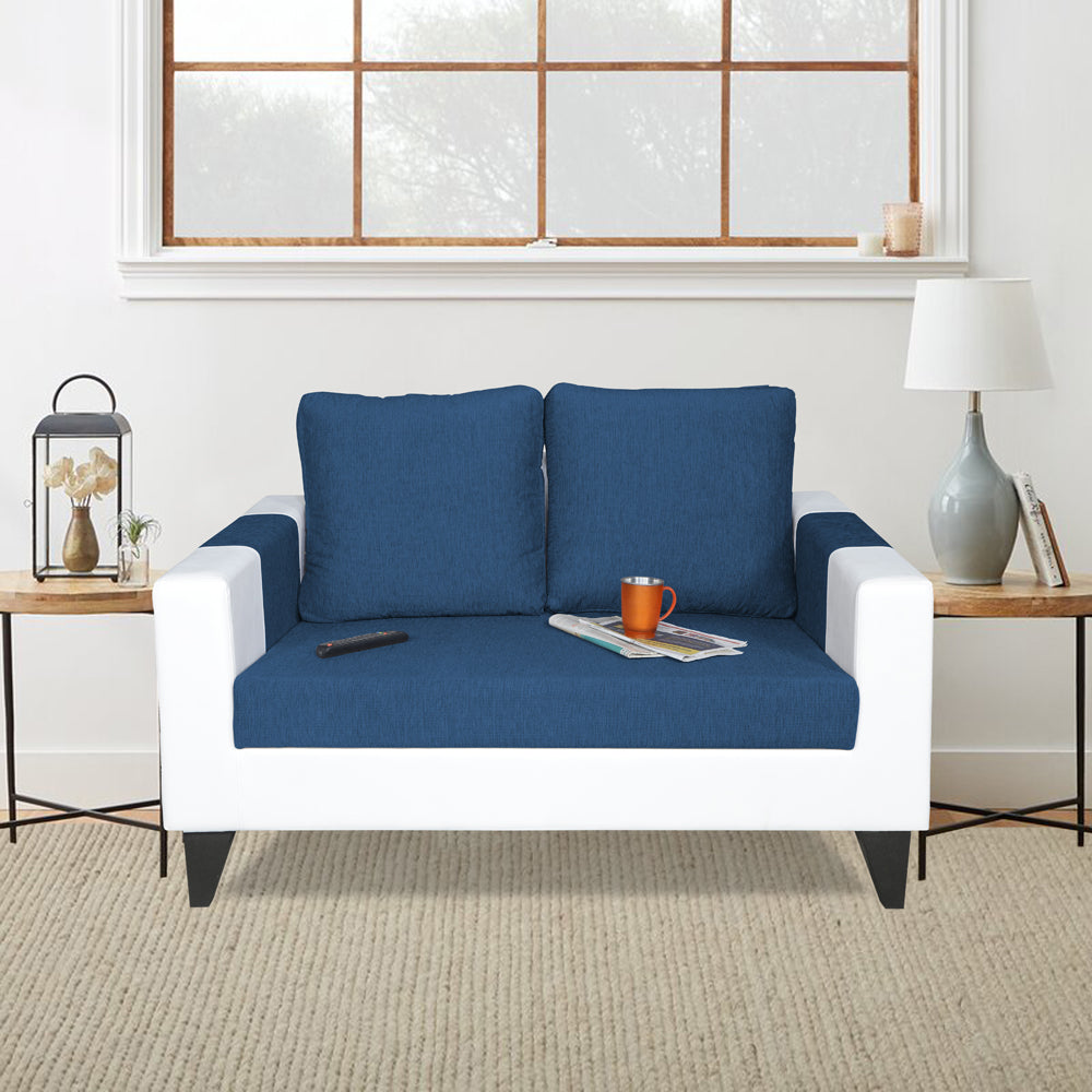 Adorn India Ashley Plain Leatherette Fabric 2 Seater Sofa (Blue & White) (3 Year Warranty)