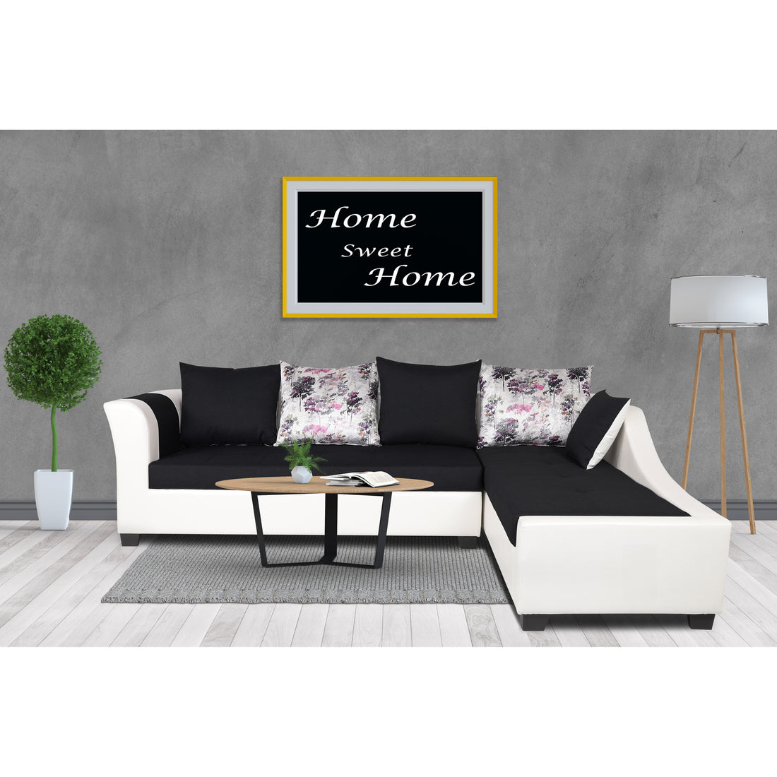 Adorn India Aliana L Shape Leatherette Fabric 6 Seater Sofa Set RHS (Black & White) (3 Year Warranty)