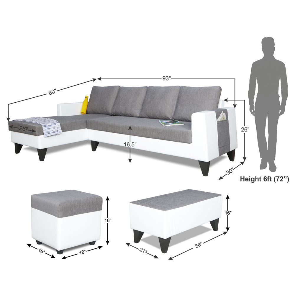 Adorn India Ashley L Shape Plain Leatherette Fabric Sofa Set 8 Seater with 2 Ottoman Puffy & Center Table (Left Side) (Grey)