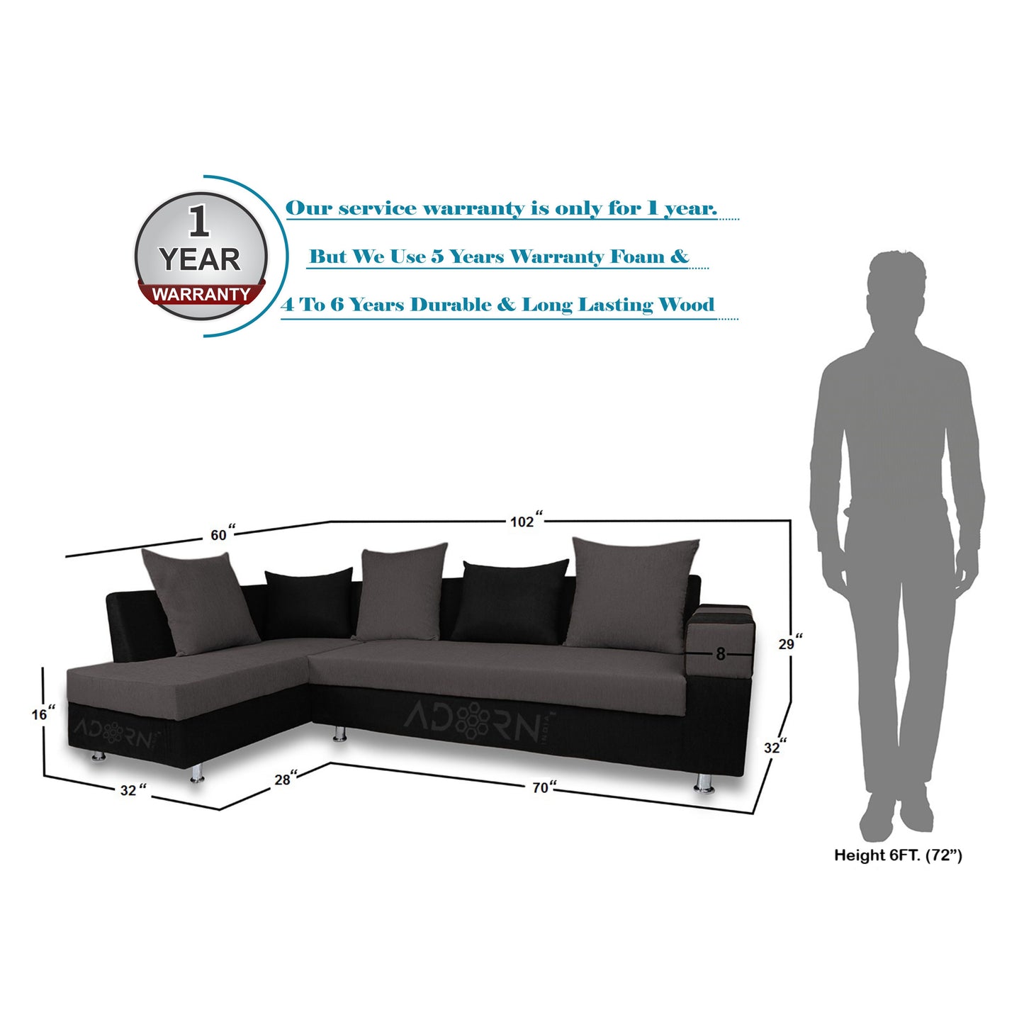 Adorn India Adillac 6 seater corner sofa(left side handle)(grey & black)