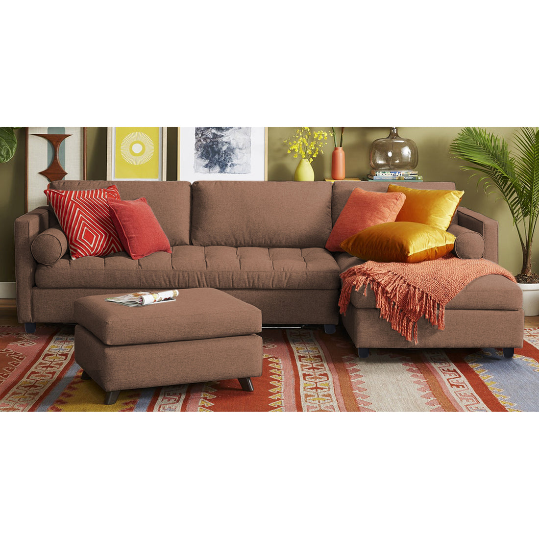 Adorn India Alexander L Shape 7 Seater Sofa Set with Ottoman Puffy RHS (Camel) (3 Year Warranty)