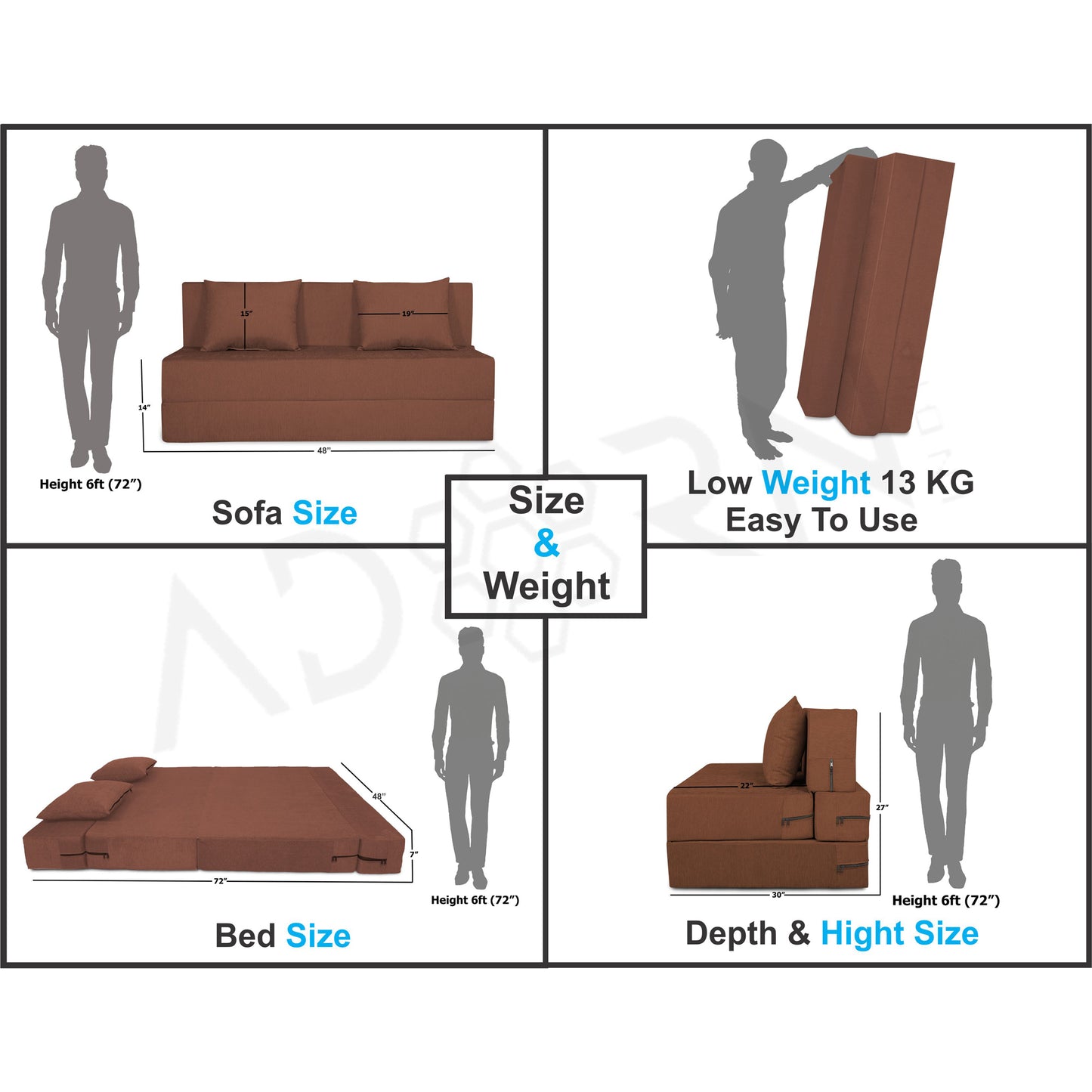 Adorn India Easy Two Seater Sofa Cum Bed Alyn 4'x 6' (Brown)