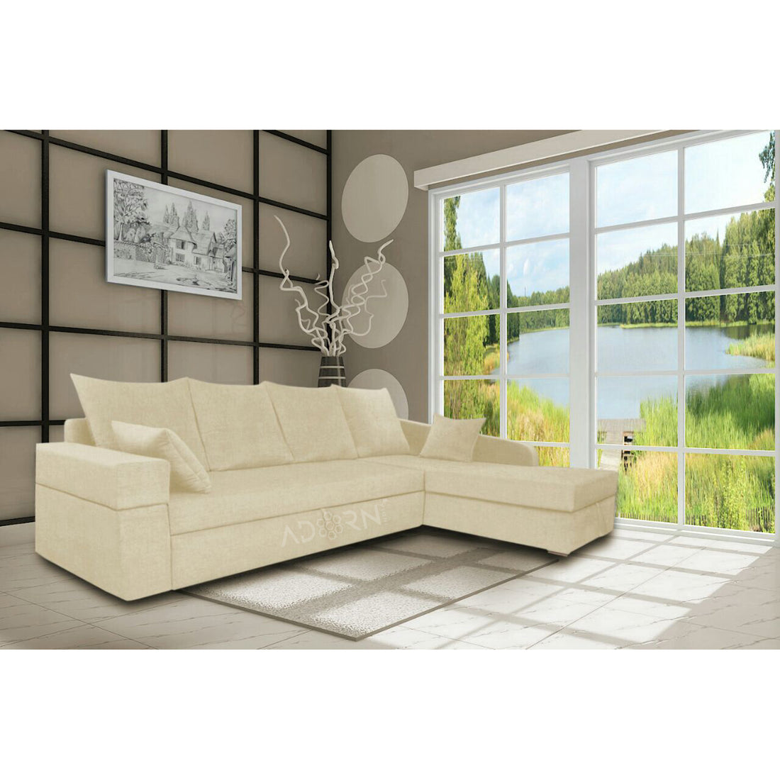 Adorn India Comfort Line L Shape 6 Seater Corner Sofa Cum Bed RHS (Beige)